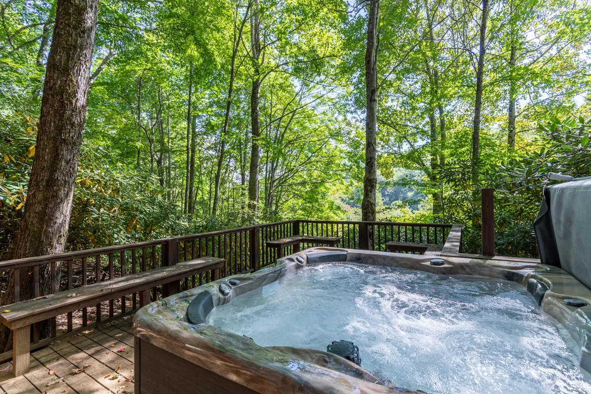 This exterior image features a spacious wooden deck with a hot tub nestled among tranquil greenery. Benches and natural surroundings create a relaxing outdoor retreat, with the hot tub as the focal point. The setting suggests a perfect spot to unwind after a day of adventure, with views of the surrounding woods and the potential for sunset or stargazing experiences.